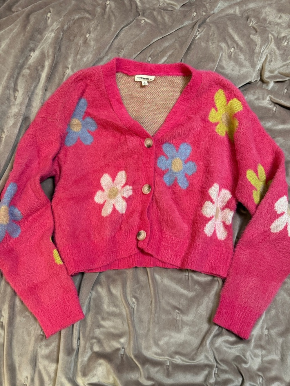 Pink Floral Button-Front Cropped Women’s Sweater Cardigan